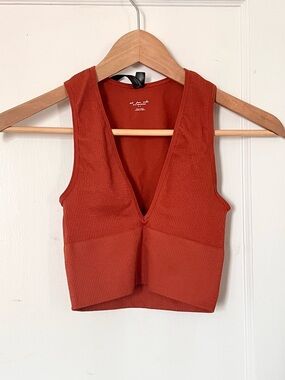 Ribbed Deep V Crop Tank Top - Burnt Orange